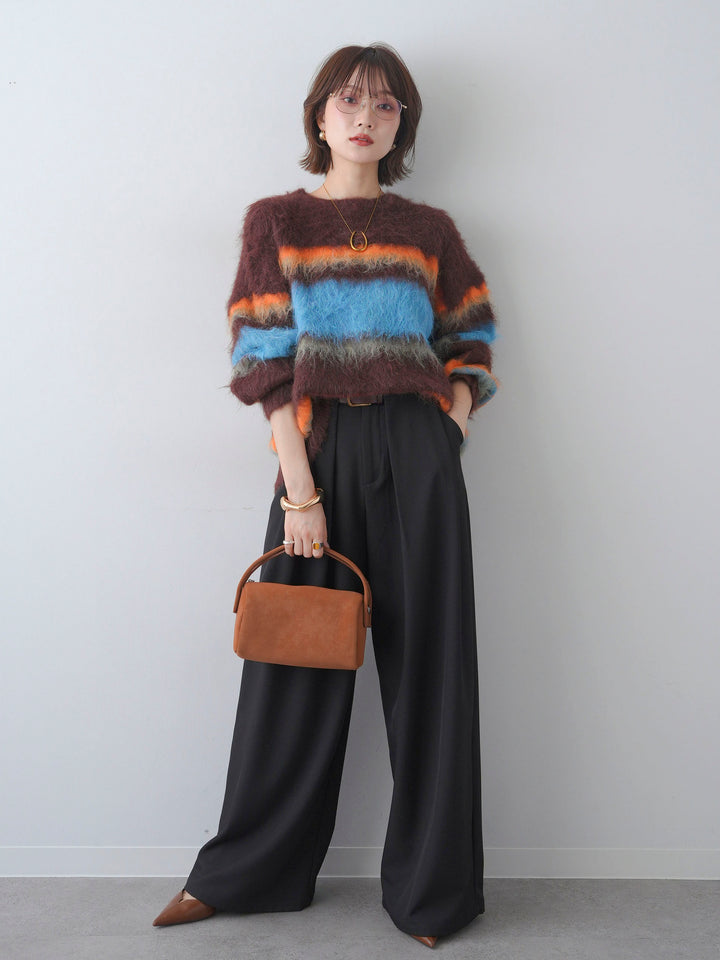 [予約]カラフルボーダーシャギーニットプルオーバー/brown