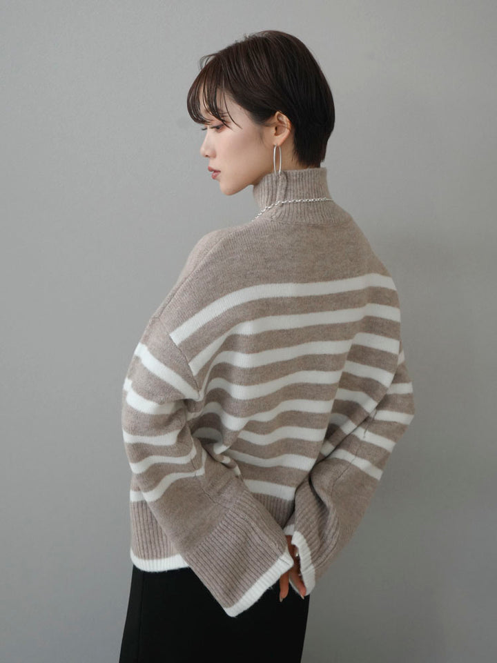 [Pre-order] High-neck Basque striped knit pullover/greyish beige