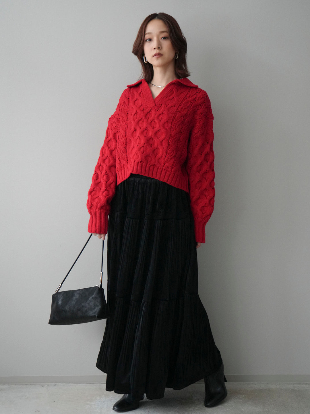 [SET]バルキーケーブルクロップド開襟プルオーバー+ベロアティアードワッシャースカート(2set)
