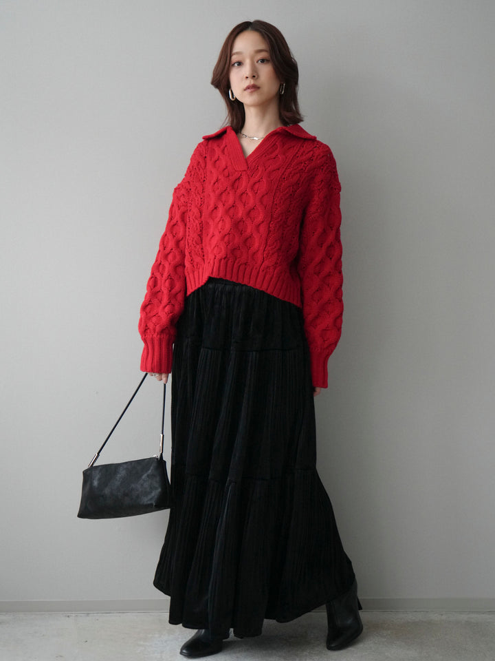 [SET]バルキーケーブルクロップド開襟プルオーバー+ベロアティアードワッシャースカート(2set)