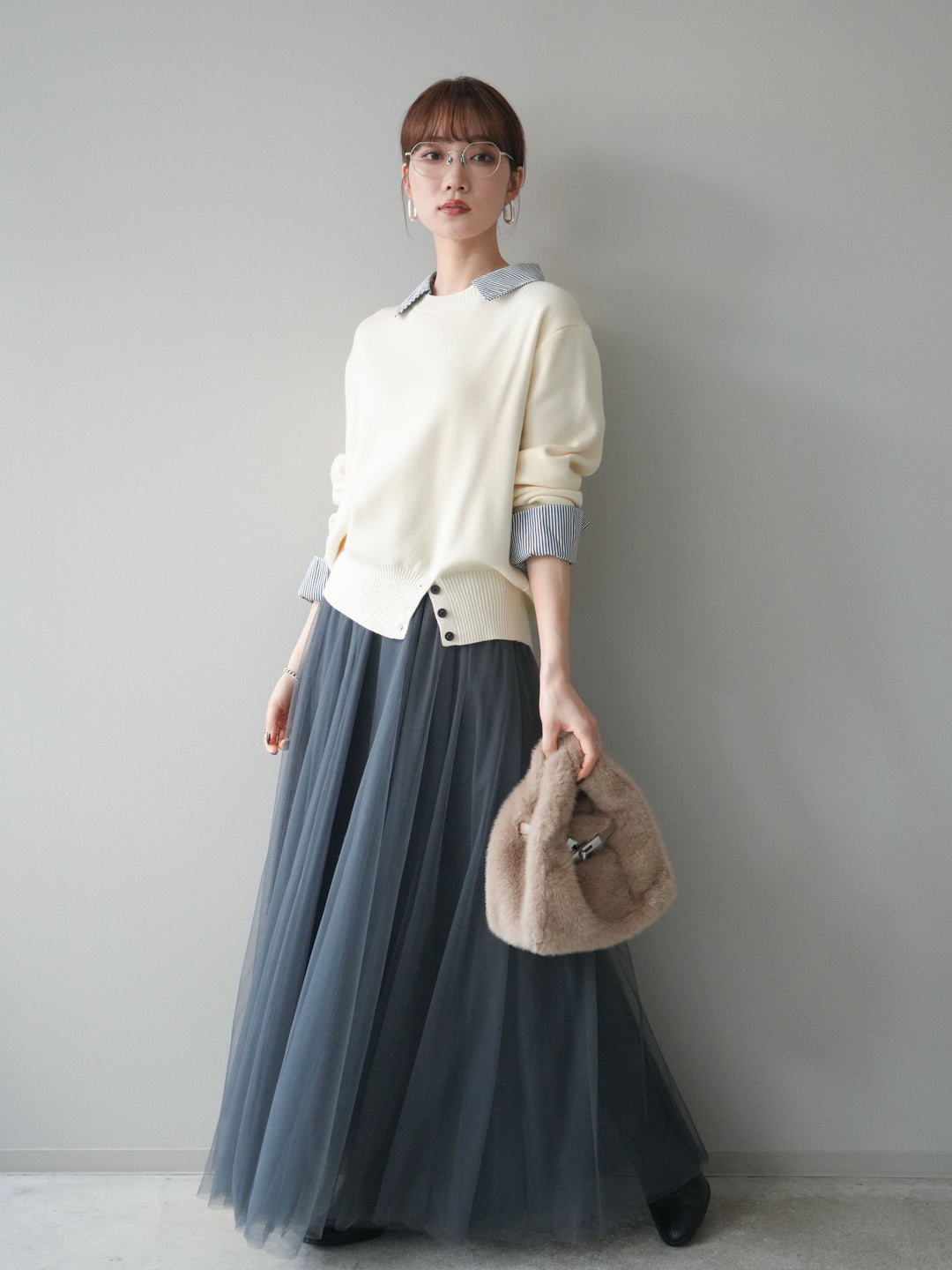 [予約]シャツドッキングデザイン裾ボタンニットプルオーバー/beige