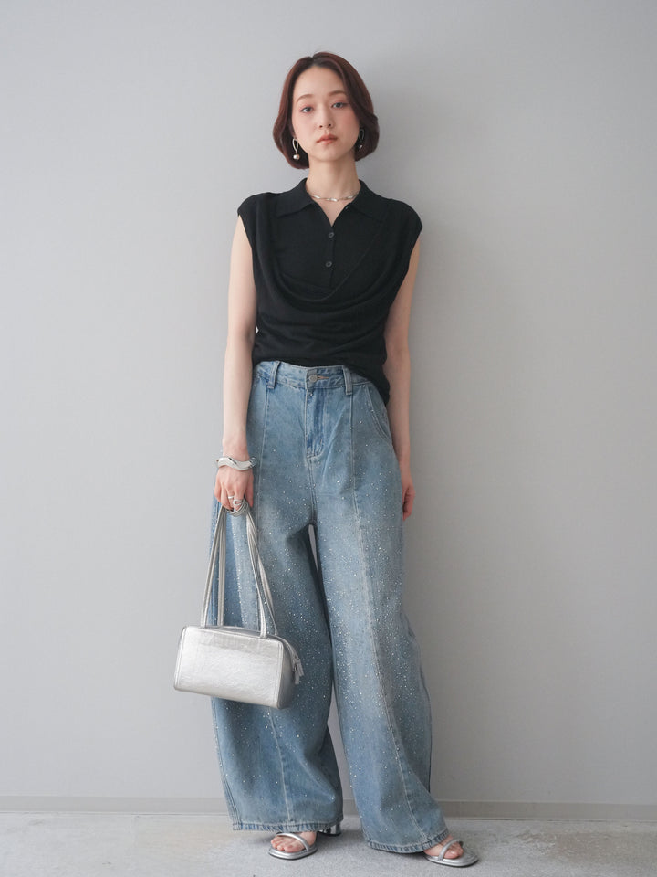 [SET]ノースリーブドレープニットトップス+フロントビジューカーブデニムパンツ(2set)