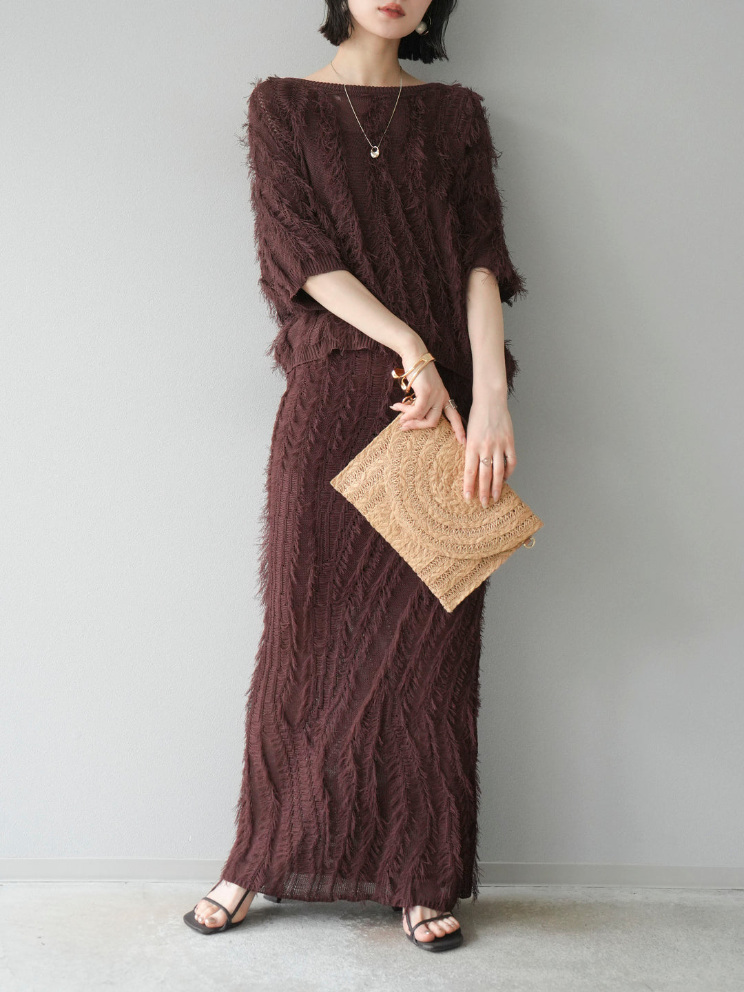 [予約]ミックスヤーンフリンジタイトスカート/ブラウン