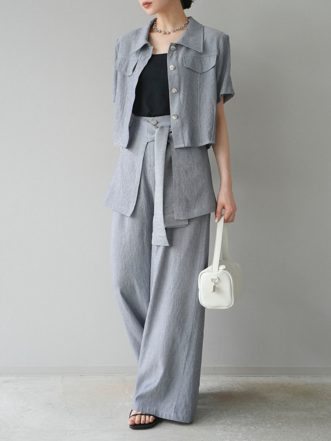 [SET]リネンタッチハーフシャツ＆ラップワイドパンツSET UP(2set)