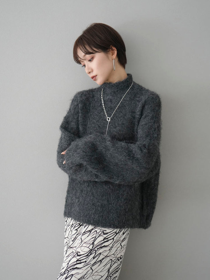 [Pre-order] High-neck wool blend mohair-touch shaggy knit pullover/charcoal