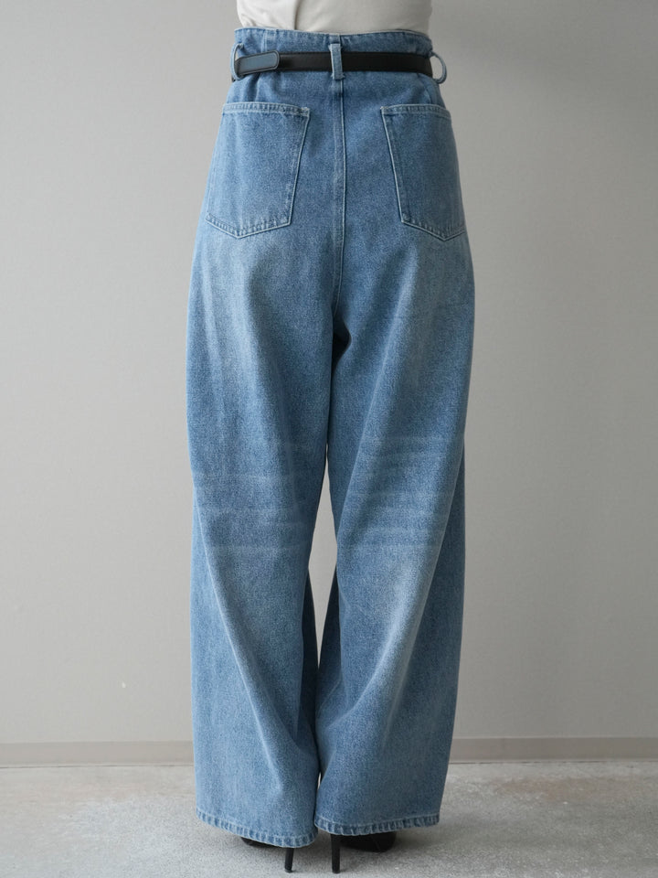 [予約]ハイウエストベルトループデザインデニムパンツ/blue