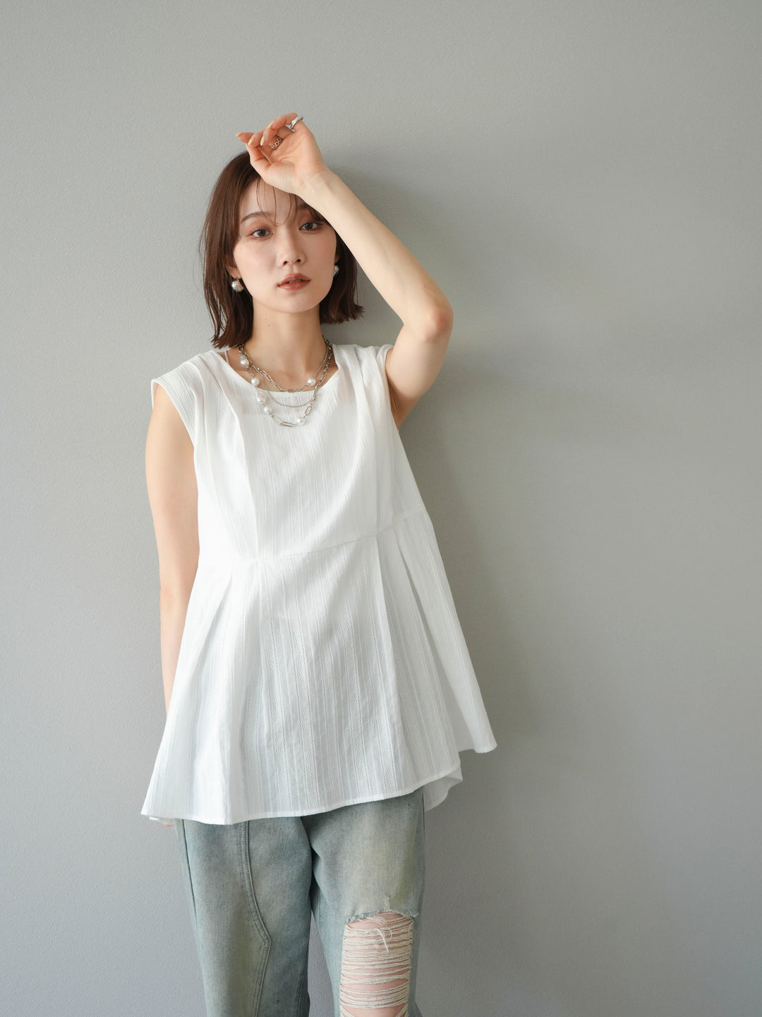 [予約]ドビーストライプタックブラウス/ホワイト