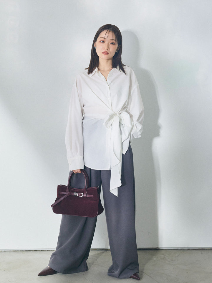 【Allure】[SET]ウエストアシメリボンシャツ+ベルトループデザインワイドパンツ(2set)