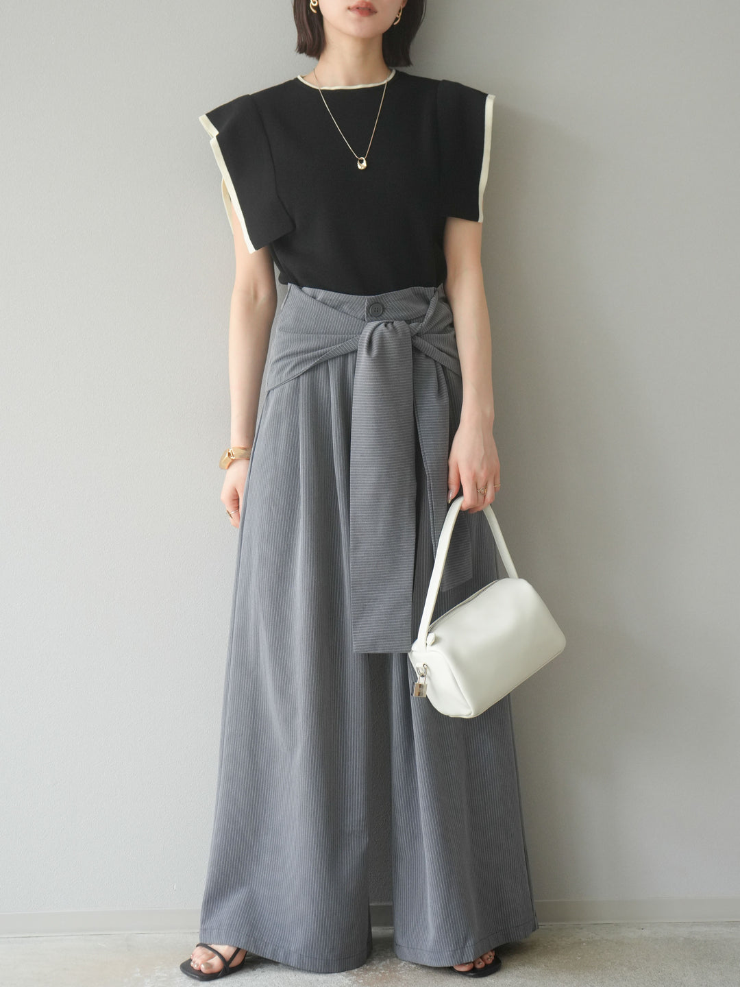 【預購】條紋裹腰寬褲/灰色