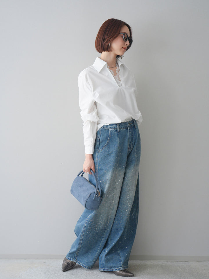 [SET]レースネックスキッパーブラウス+フロントビジューカーブデニムパンツ(2set)