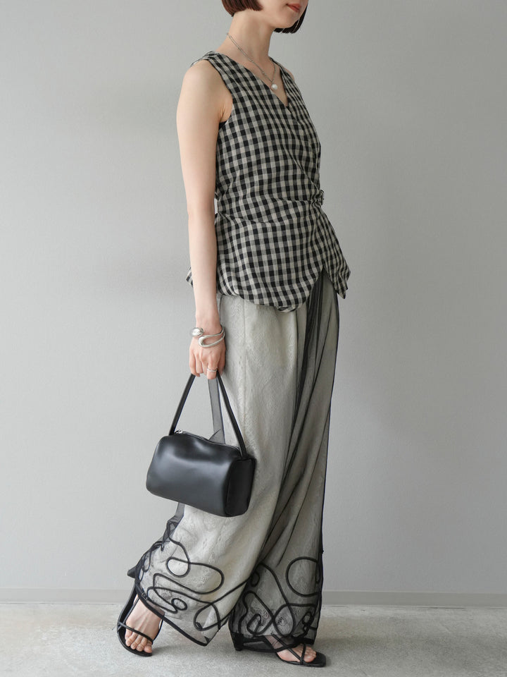 [SET]ベルトデザインバルーンブラウス+レースタックイージーパンツ+コード刺繍チュールレイヤードパンツ(3set)