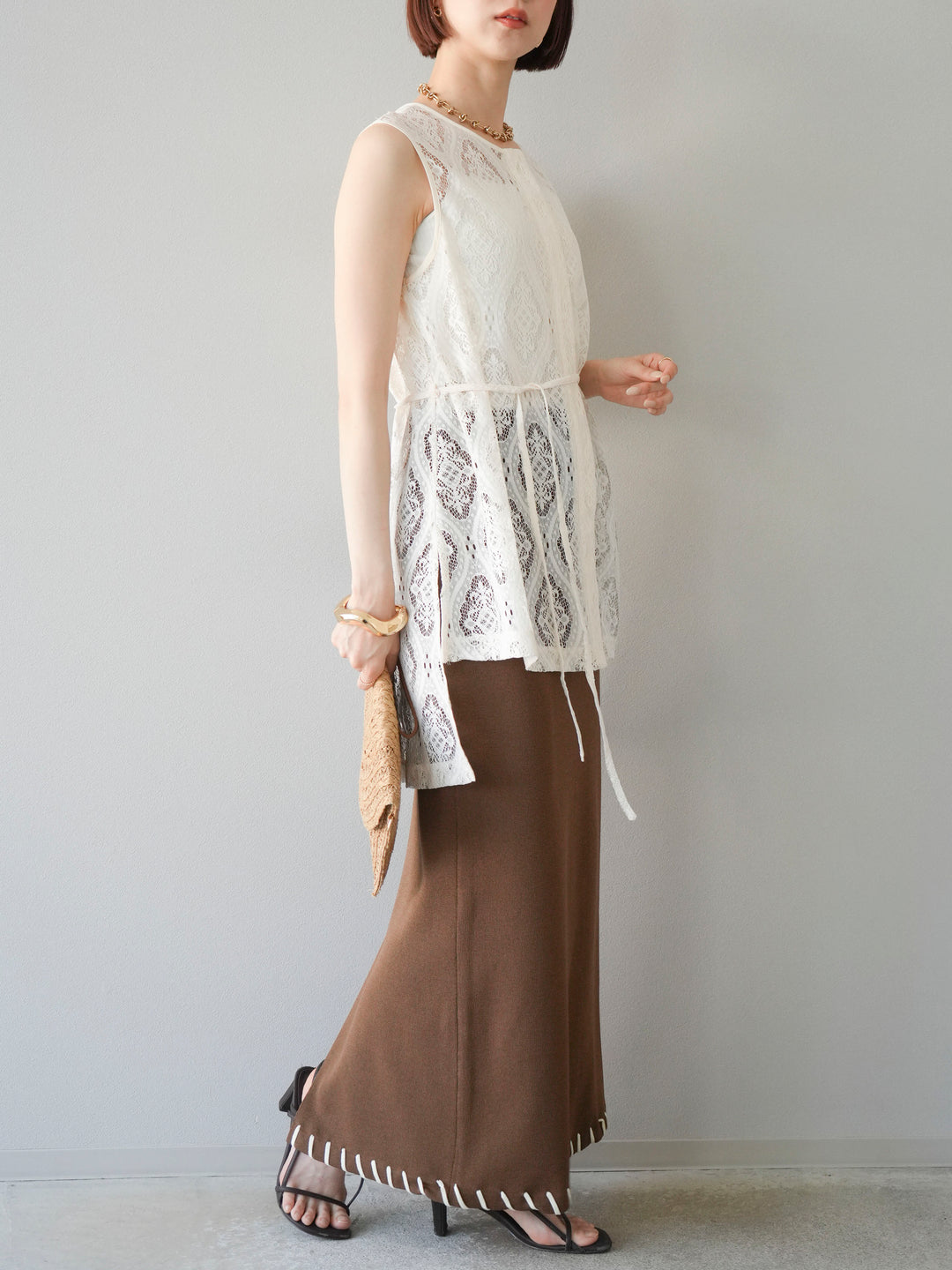 [予約]リネンタッチハンドステッチニットタイトスカート/モカ