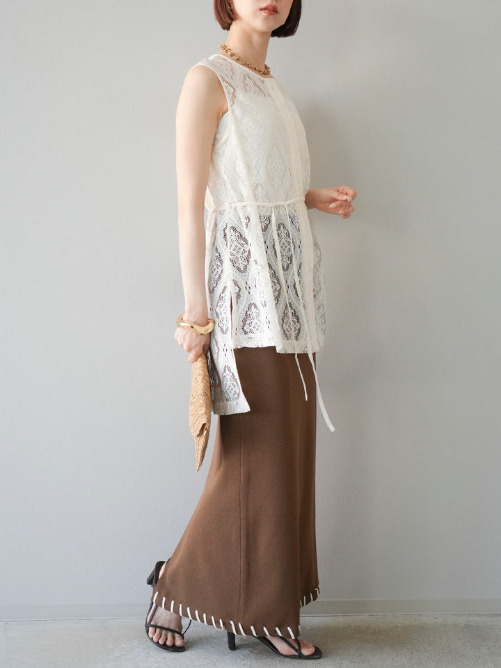 [予約]リネンタッチハンドステッチニットタイトスカート/モカ