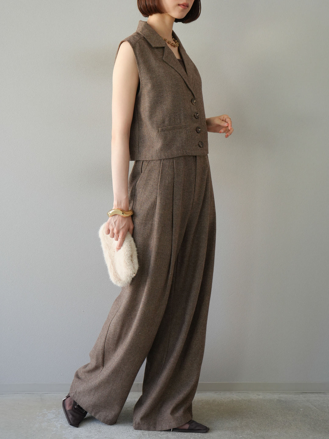 [予約]ツイードタッチタックワイドパンツ/ブラウン