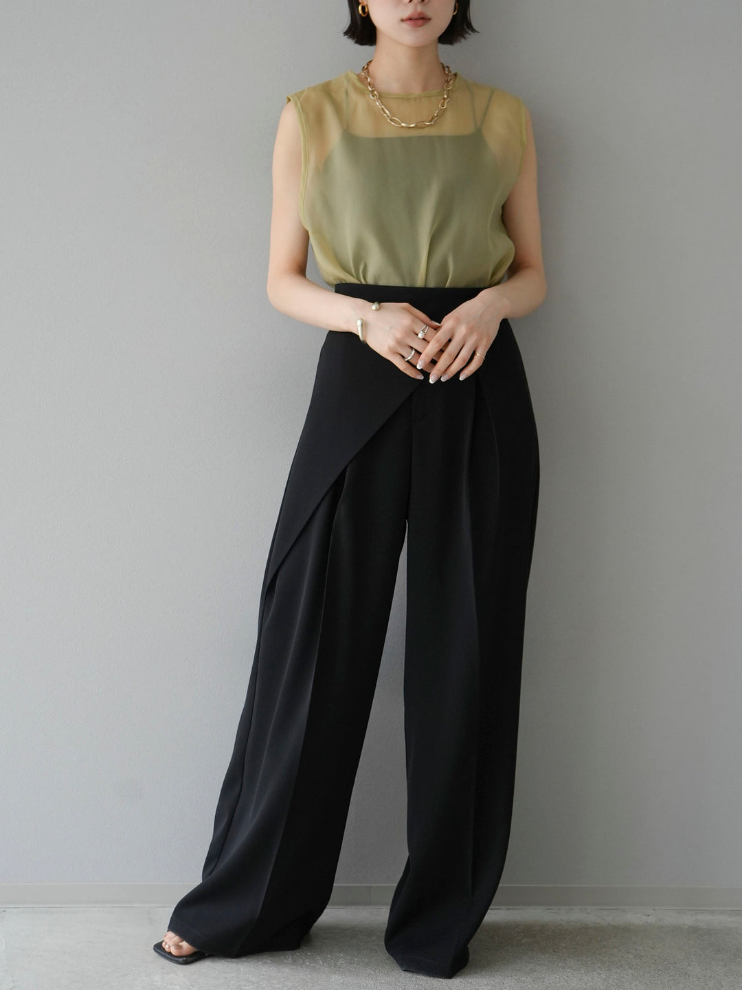 [SET] Organza sleeveless top + wrap wide pants (2set)