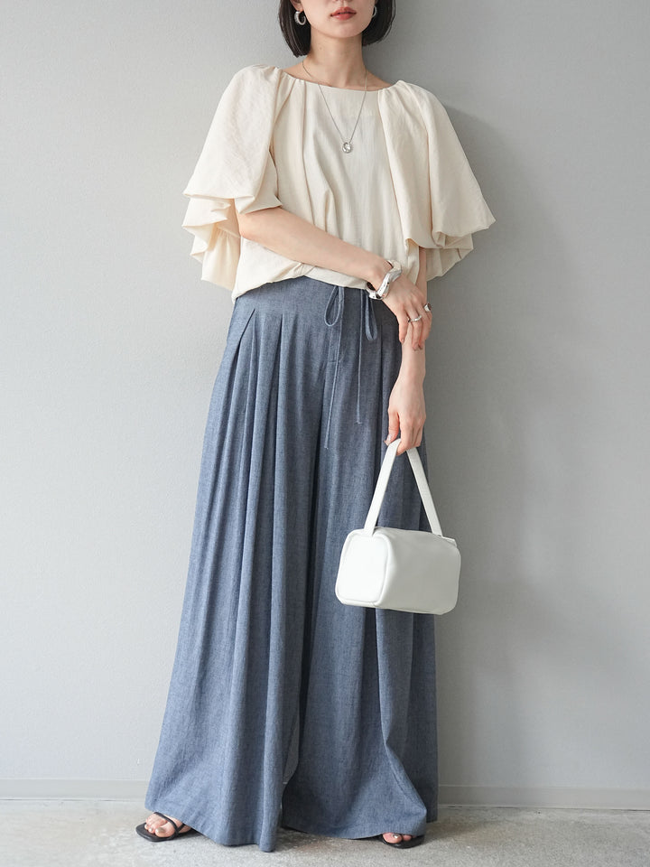 【預購】仿亞麻雙褶設計寬褲/藏青色