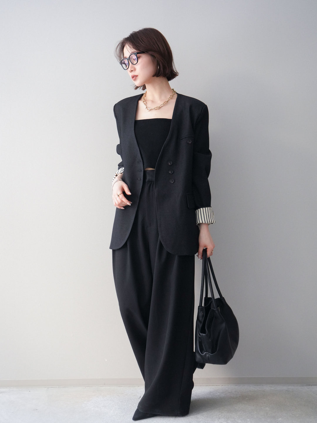 [SET]ノーカラージャケット+カップ付テレコリブベアキャミソール+サテンベルトタックワイドパンツ(3set)