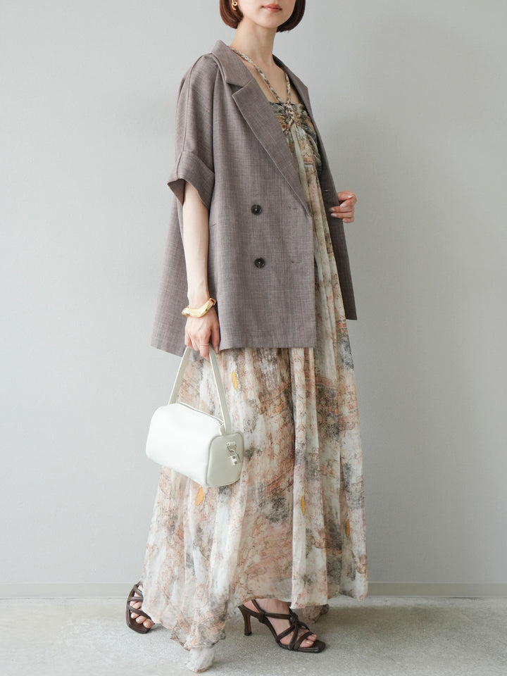 [予約]編み込みショルダーニュアンス柄シフォンワンピース/ベージュ