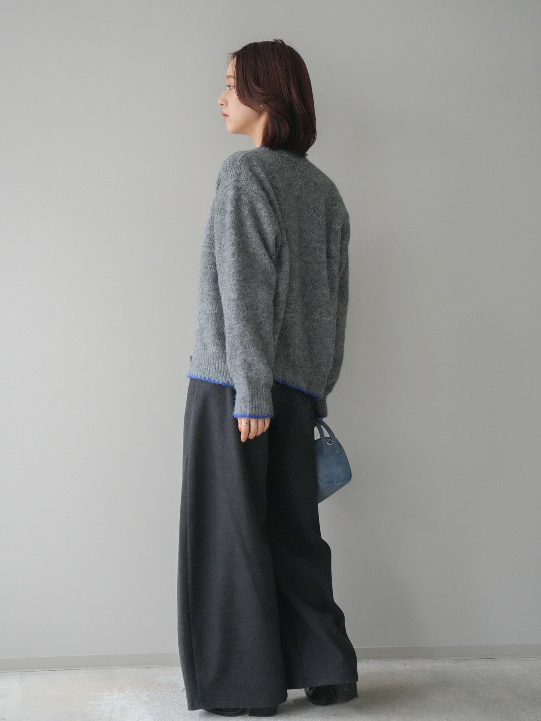 [SET]三角ステッチニットカーディガン+アニマル柄ベルト付きウールタッチワイドパンツ(2set)