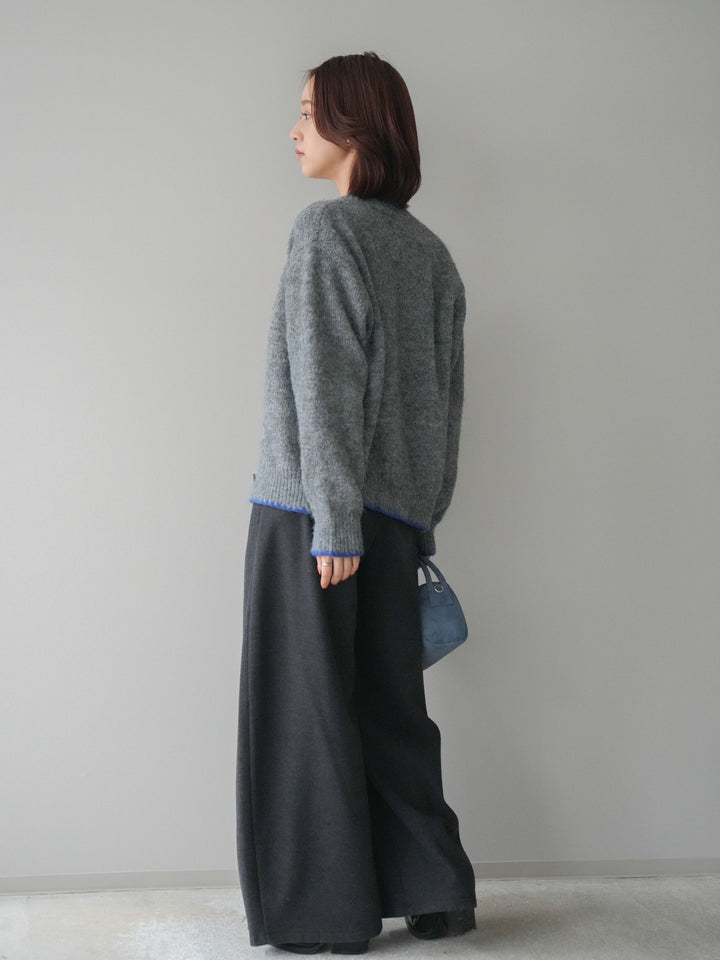 [SET]三角ステッチニットカーディガン+アニマル柄ベルト付きウールタッチワイドパンツ(2set)