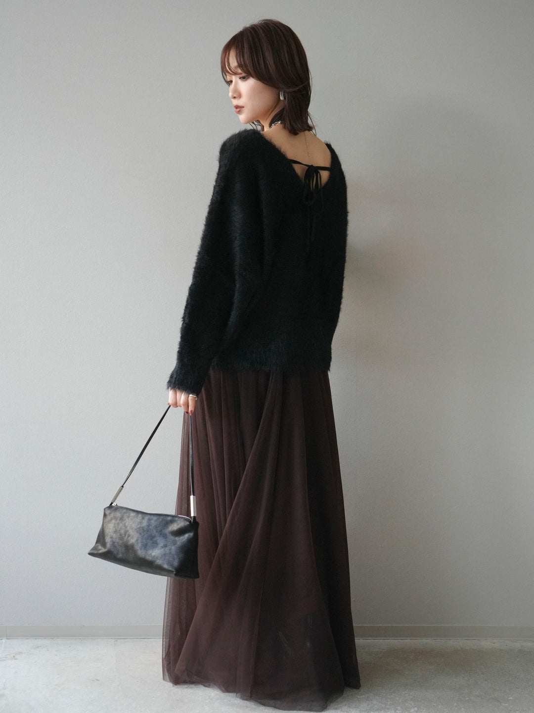 [SET]バックリボンVネックシャギーニットプルオーバー+チュールボリュームスカート(2set)