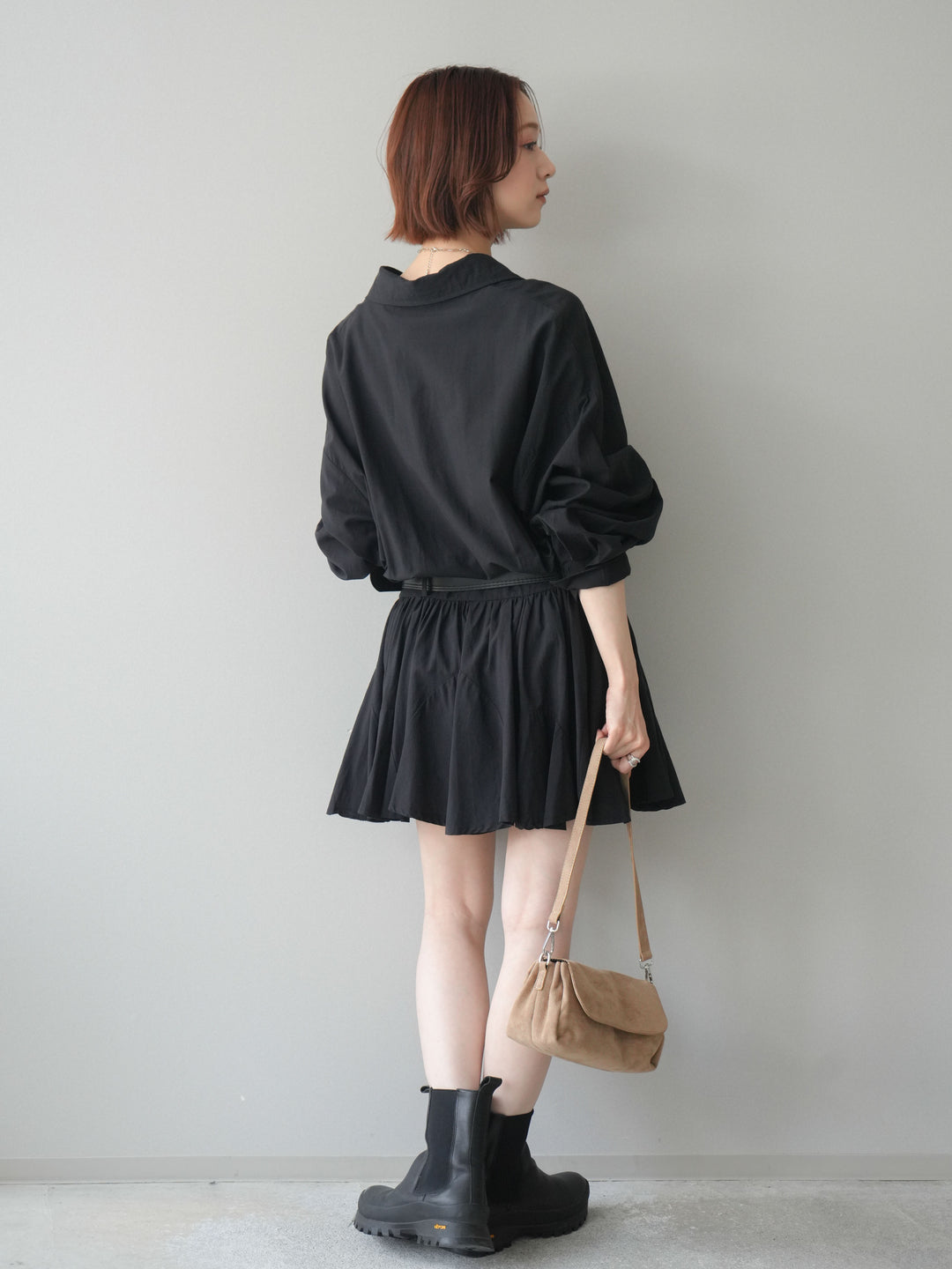 [予約]ベルト付フレアシャツミニワンピース/black