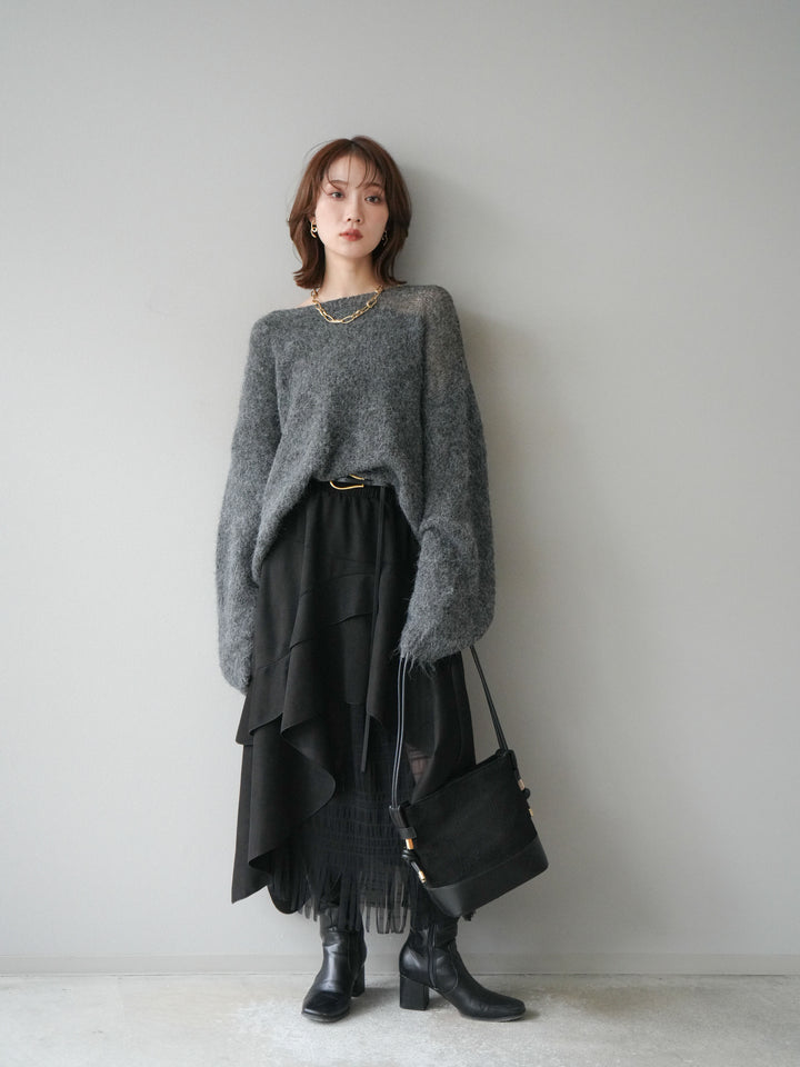 [予約]ネック透かし編みニットプルオーバー/ダークグレー