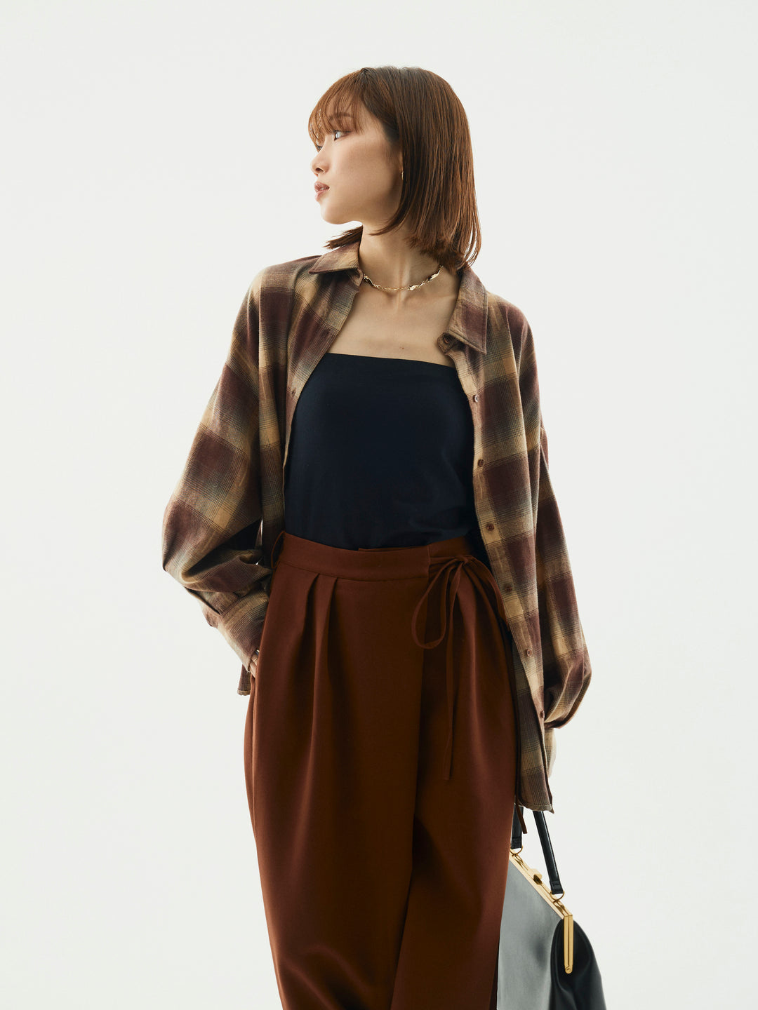 【Allure】[SET]オンブレチェックオーバーシャツ+ラップデザインタックワイドパンツ(2set)