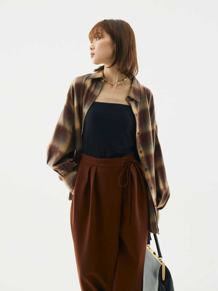 【Allure】[SET]オンブレチェックオーバーシャツ+ラップデザインタックワイドパンツ(2set)