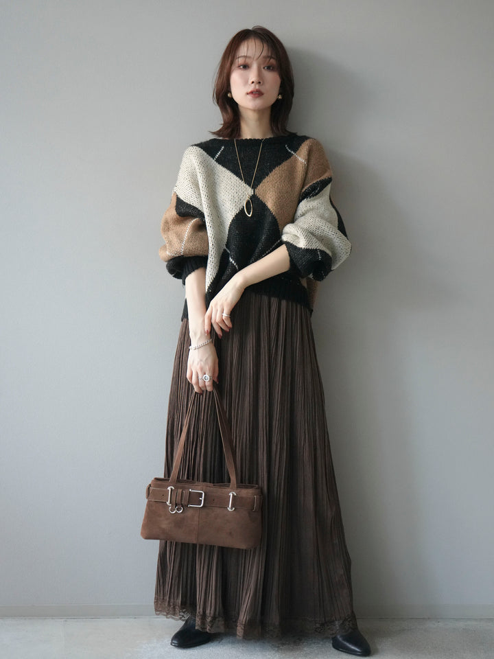 [予約]配色ステッチアーガイル柄ニットプルオーバー/black