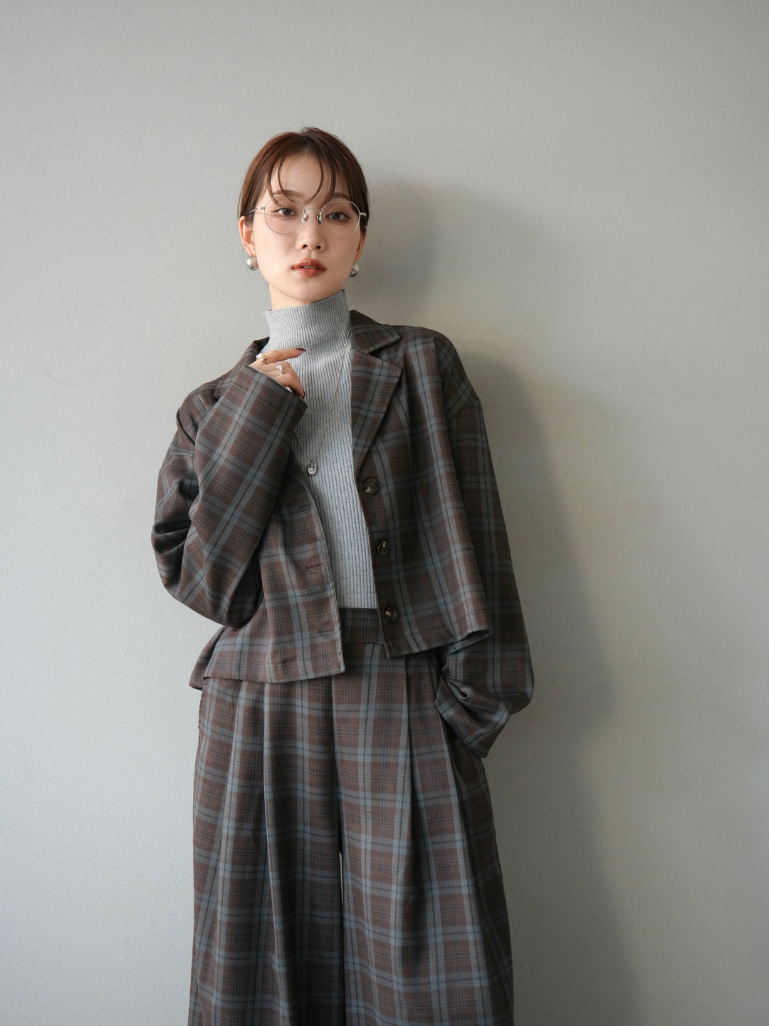 [予約]チェック柄ショートジャケット/ブラウン