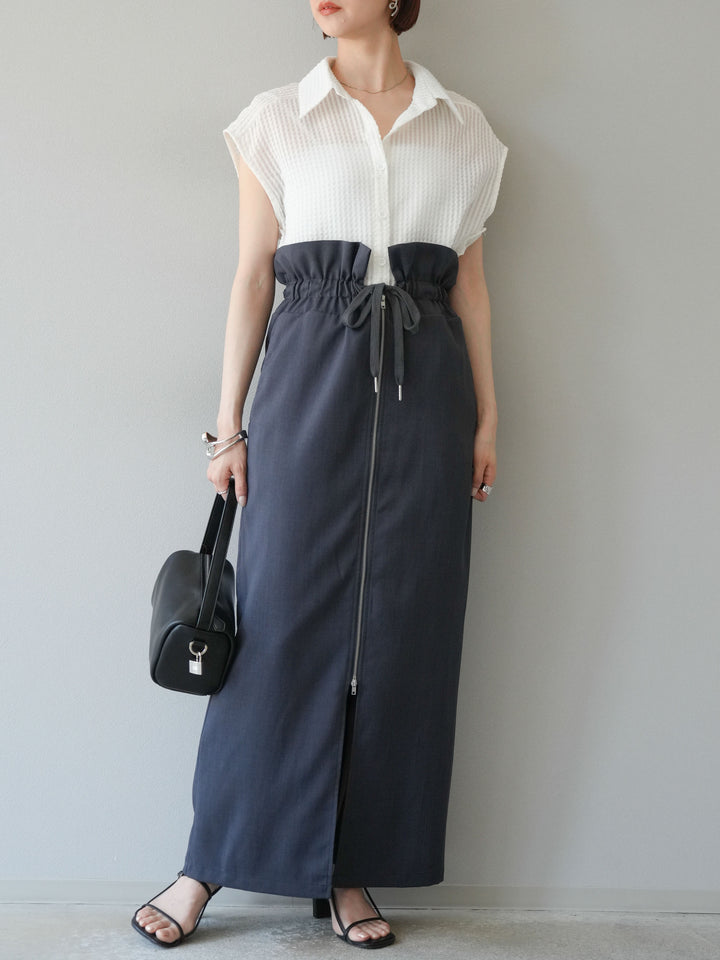 [SET]シアーチェックノースリーブシャツ+ヘザーエステルギャザージップスカート(2set)