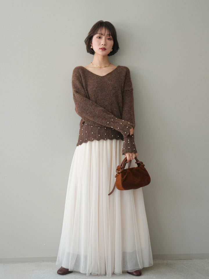 [SET]パールフリルリブヘムニットプルオーバー+選べるアクセセット(2set)