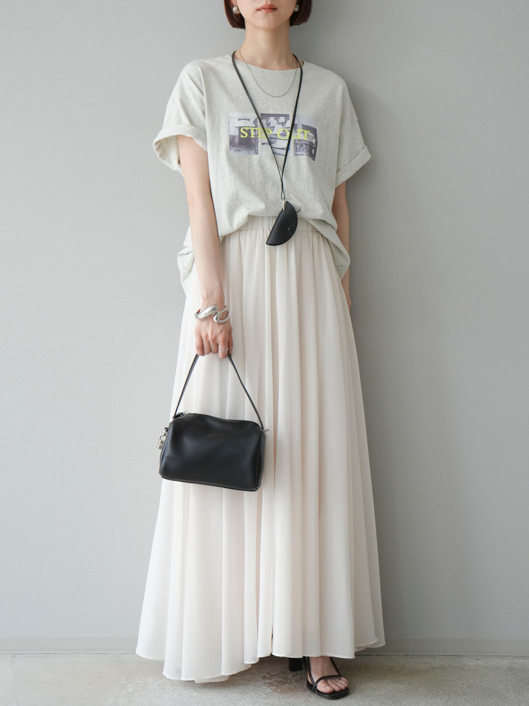 [SET]ネオンロゴコラージュフォトプリントオーバーTシャツ+シフォンフレアスカート(2set)