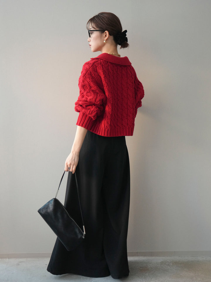 [SET]バルキーケーブルクロップド開襟プルオーバー+テープベルトタックバギーパンツ(2set)