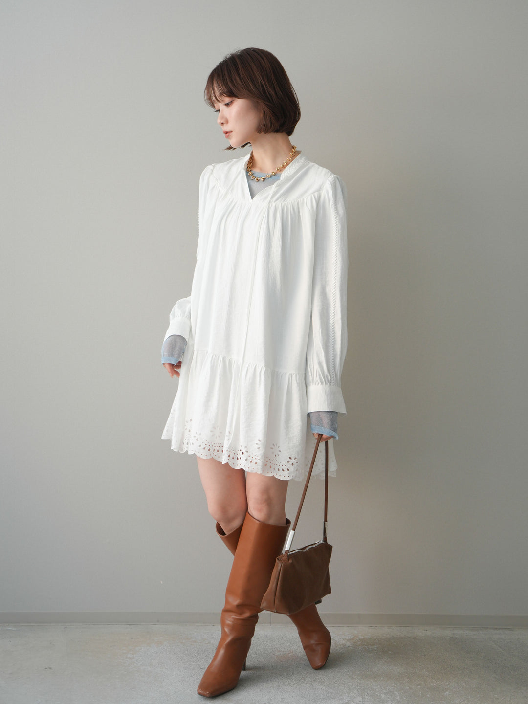 [予約]ティアードパンチングミニワンピース/white