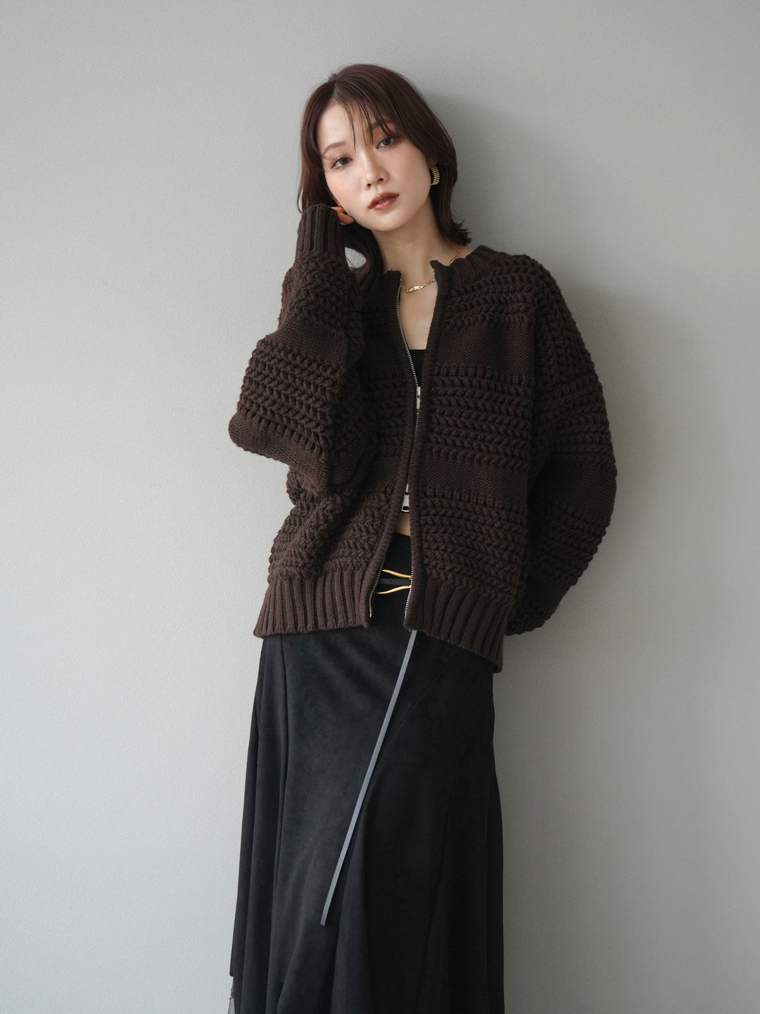 [予約]ケーブル編みZIPニットカーディガン/brown