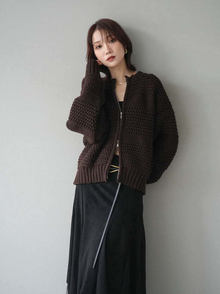 [予約]ケーブル編みZIPニットカーディガン/brown