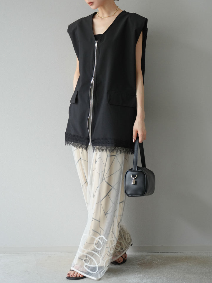 [予約]ビスコースサテンプリントタックイージーパンツ/ベージュ