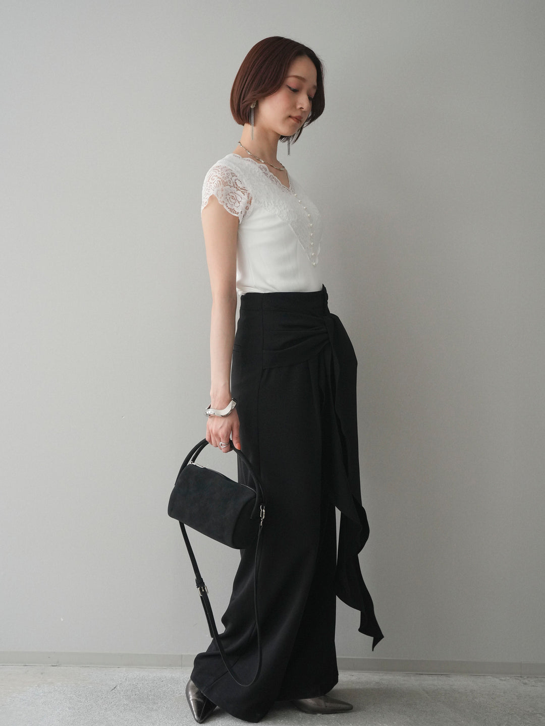 [SET]パールボタンレース切替ニットトップス+ラッフルベルトワイドパンツ(2set)