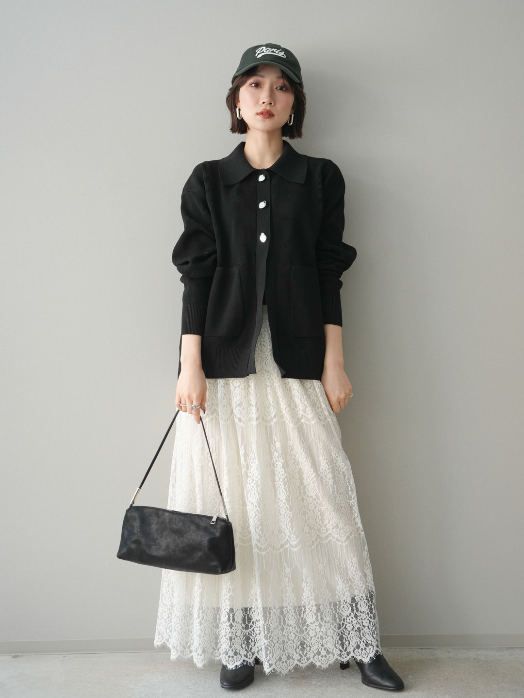 [予約]メタルボタン襟付きポリエステルニットカーディガン/black