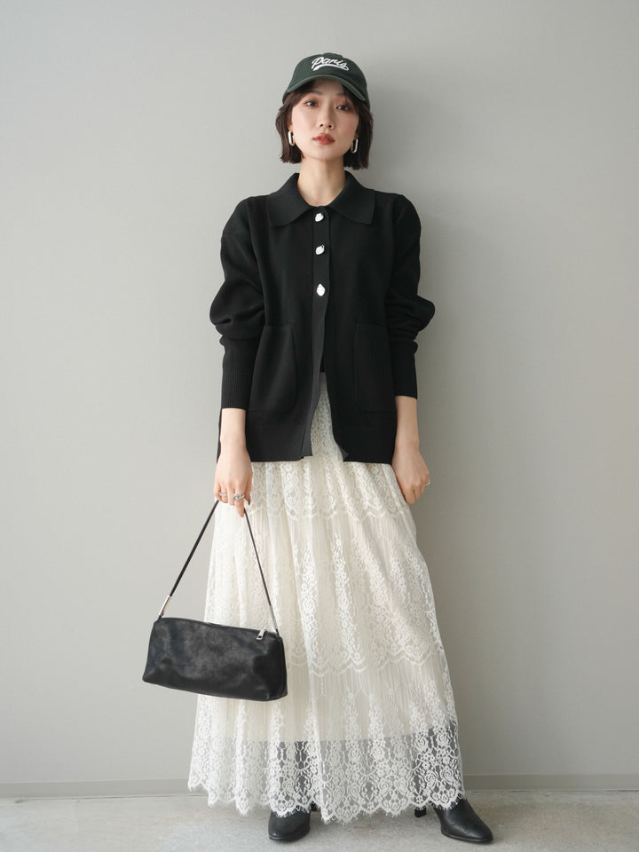 [予約]メタルボタン襟付きポリエステルニットカーディガン/black