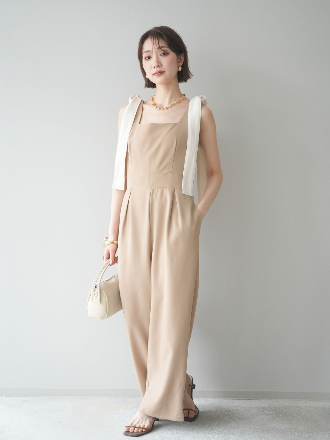 [予約]ショルダーリボンサロペット/beige