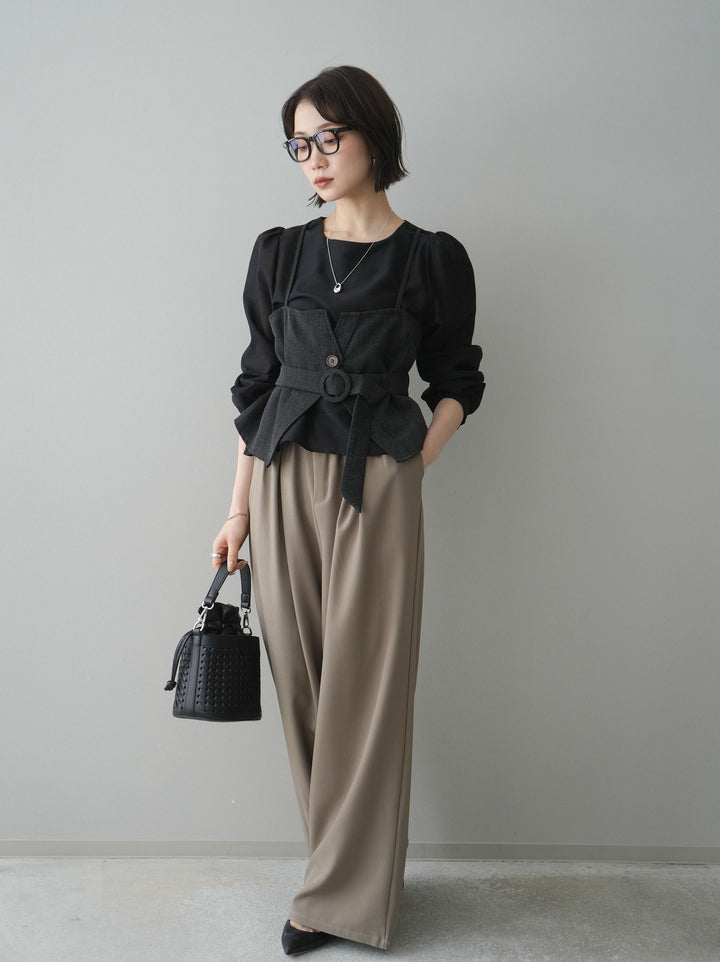 [SET]異素材ビスチェドッキングブラウス+ベルト付キーホルダーモチーフワイドパンツ(2set)