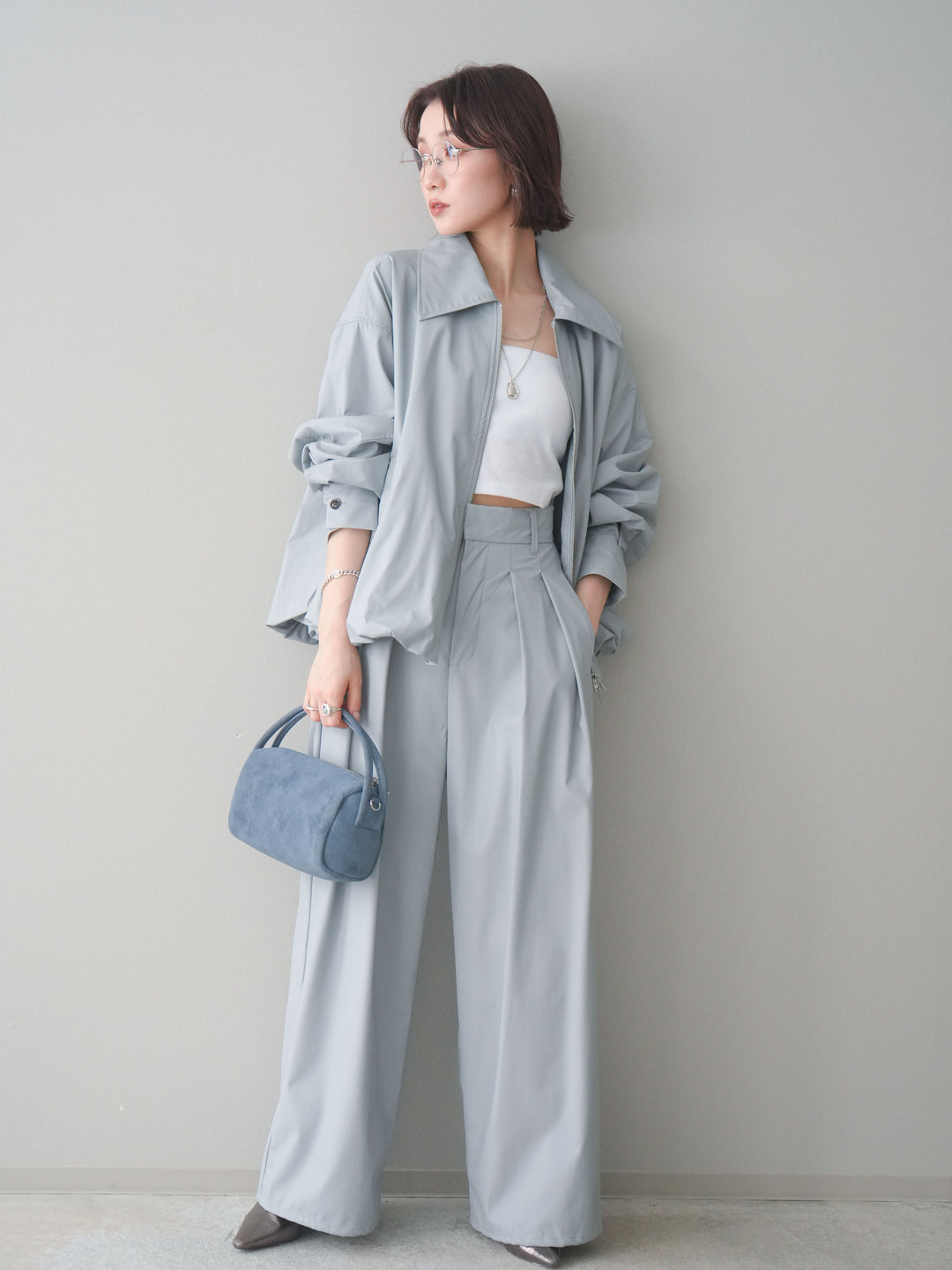 [予約]ウォッシャブルフェイクレザーバルーンジャケット/blue