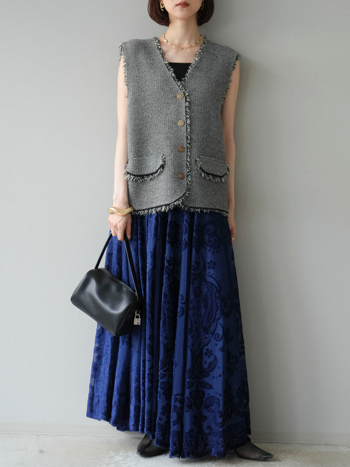 [予約]アンティーク柄フロッキーマキシスカート/ブルー
