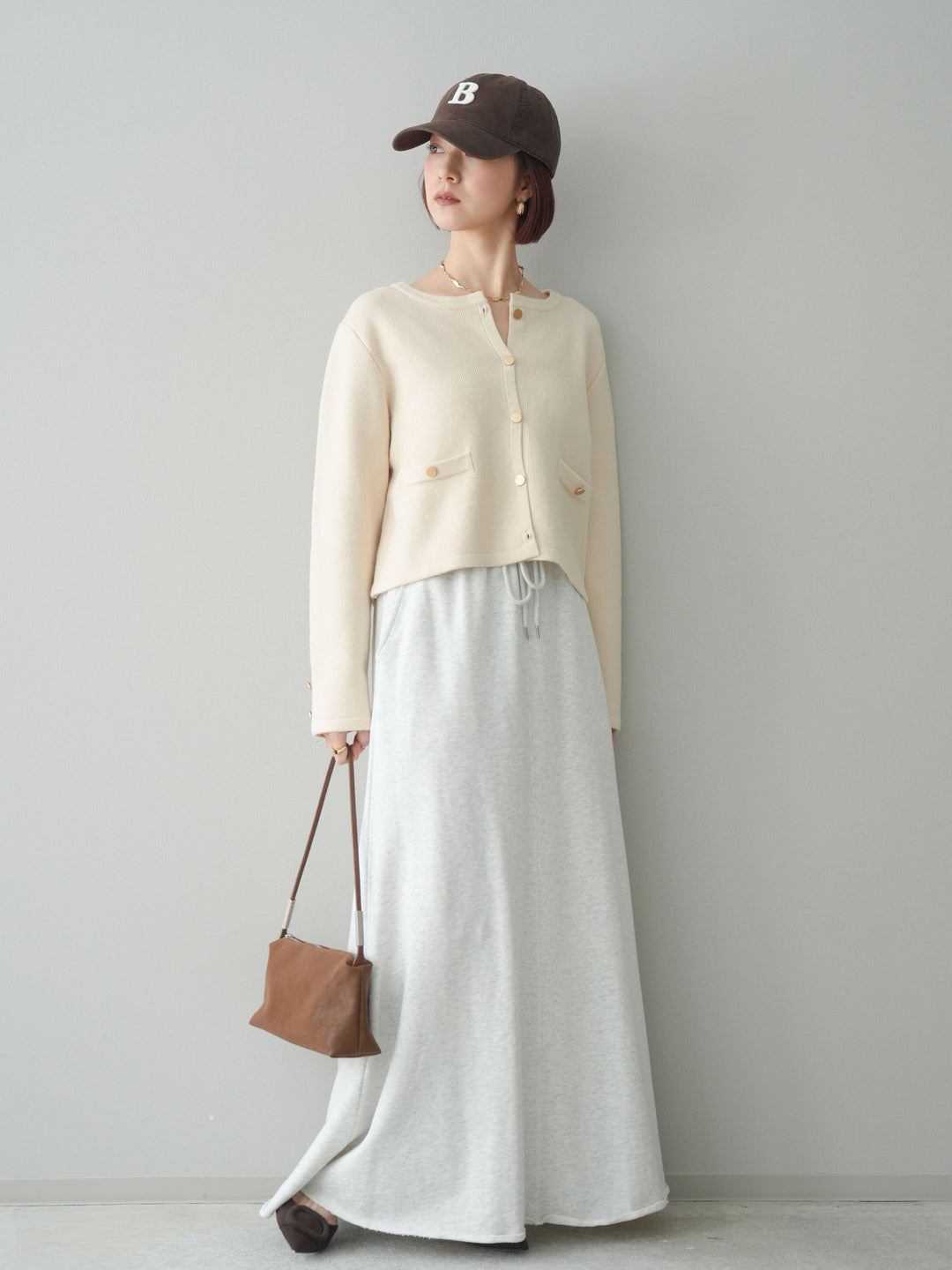 [予約]ゴールドボタンノーカラーニットジャケット/ivory