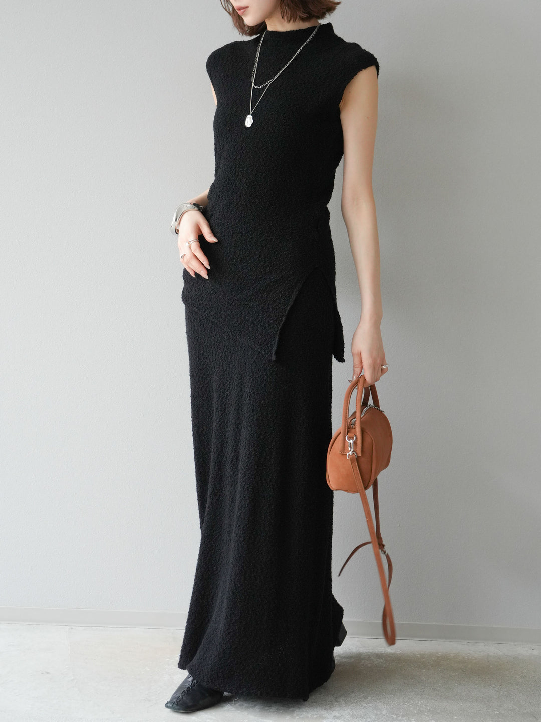 [套裝] 珠地佈針織無袖上衣 + 珠地佈針織I字裙 (2套)