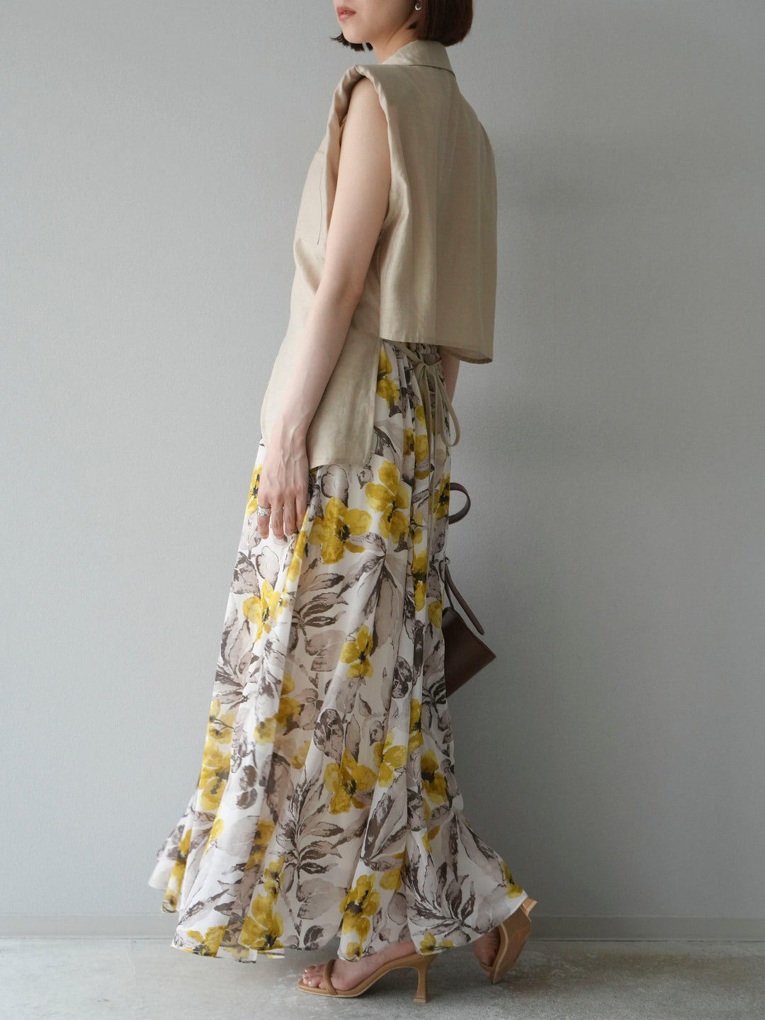 [予約]フラワープリントボリュームフレアスカート/イエロー