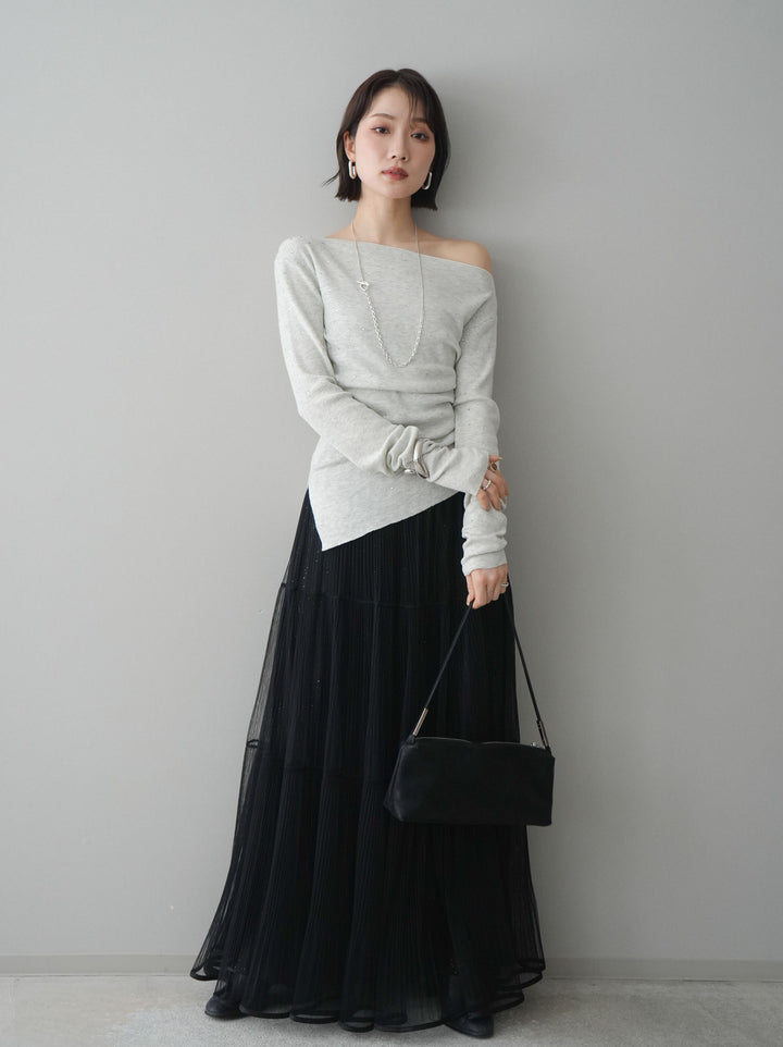 [予約]ラインストーンアシンメトリーニットトップス/gray